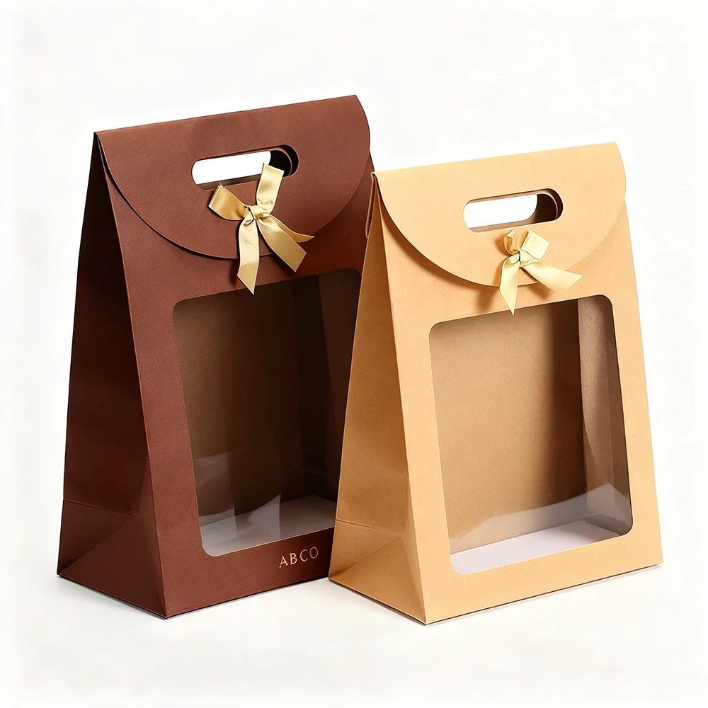 Individuell Kraft Papier Portable Geschenk Tasche PVC Clear Sichtfenster Verpackung