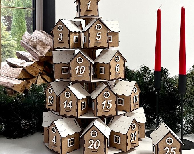 KindledGrainCo Wooden Advent Calendar Village - Stacked Christmas House Countdown