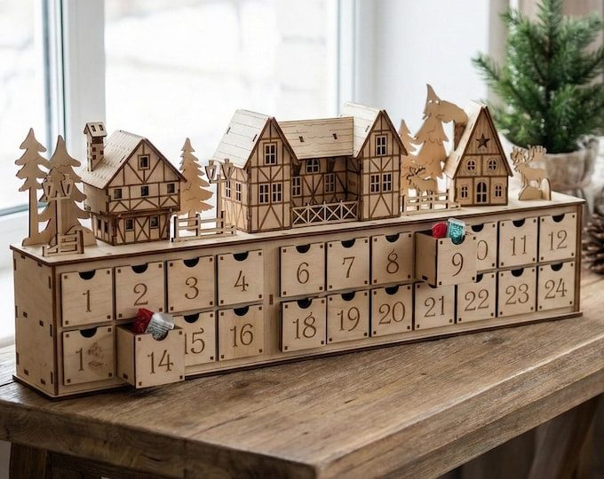 TymofiiWoodCraft Wooden Advent Calendar Book Christmas Village with LED Lights and Drawers